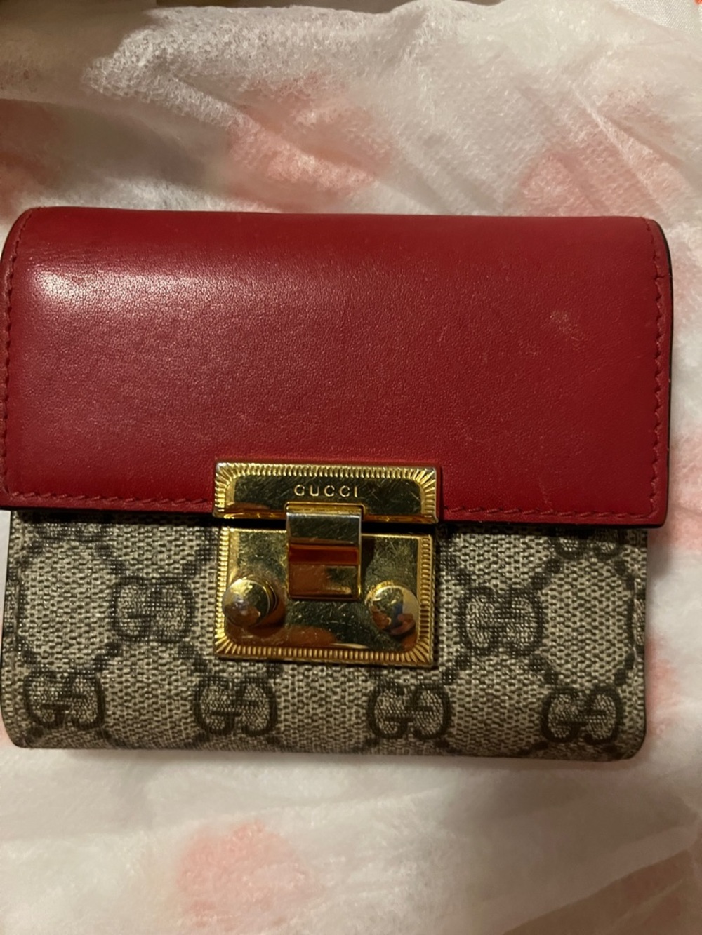 Gucci Red Leather and GG Canvas Mini Wallet with Gold Lock